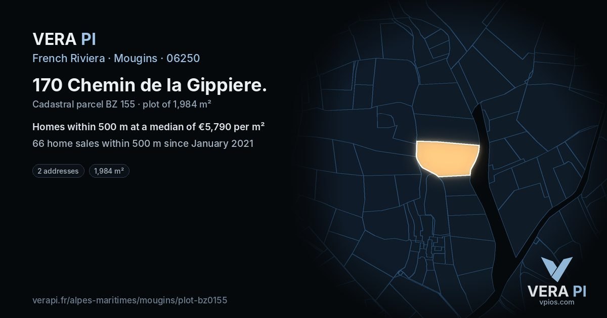 170 Chemin de la Gippiere, Mougins at night – the plot lit, the parcels around coloured by the prices near them