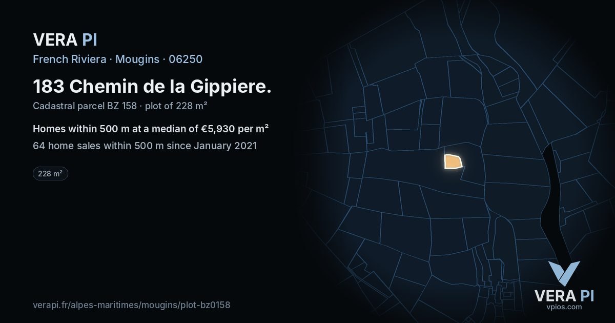 183 Chemin de la Gippiere, Mougins at night – the plot lit, the parcels around coloured by the prices near them