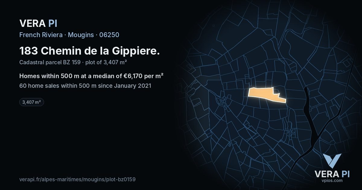 183 Chemin de la Gippiere, Mougins at night – the plot lit, the parcels around coloured by the prices near them