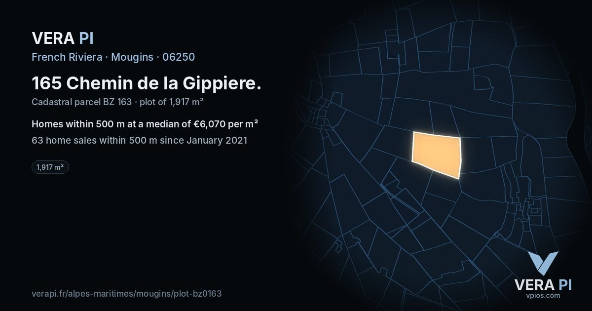 165 Chemin de la Gippiere, Mougins at night – the plot lit, the parcels around coloured by the prices near them