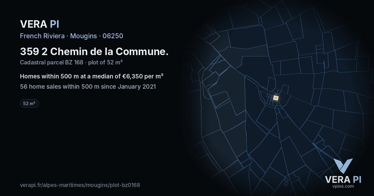 359 2 Chemin de la Commune, Mougins at night – the plot lit, the parcels around coloured by the prices near them