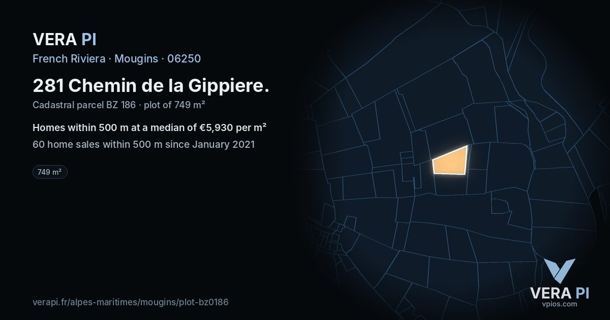 281 Chemin de la Gippiere, Mougins at night – the plot lit, the parcels around coloured by the prices near them