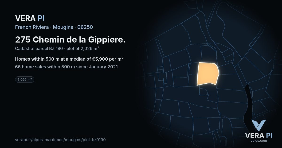 275 Chemin de la Gippiere, Mougins at night – the plot lit, the parcels around coloured by the prices near them