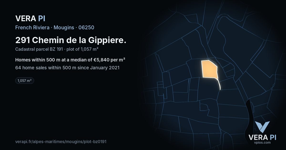 291 Chemin de la Gippiere, Mougins at night – the plot lit, the parcels around coloured by the prices near them