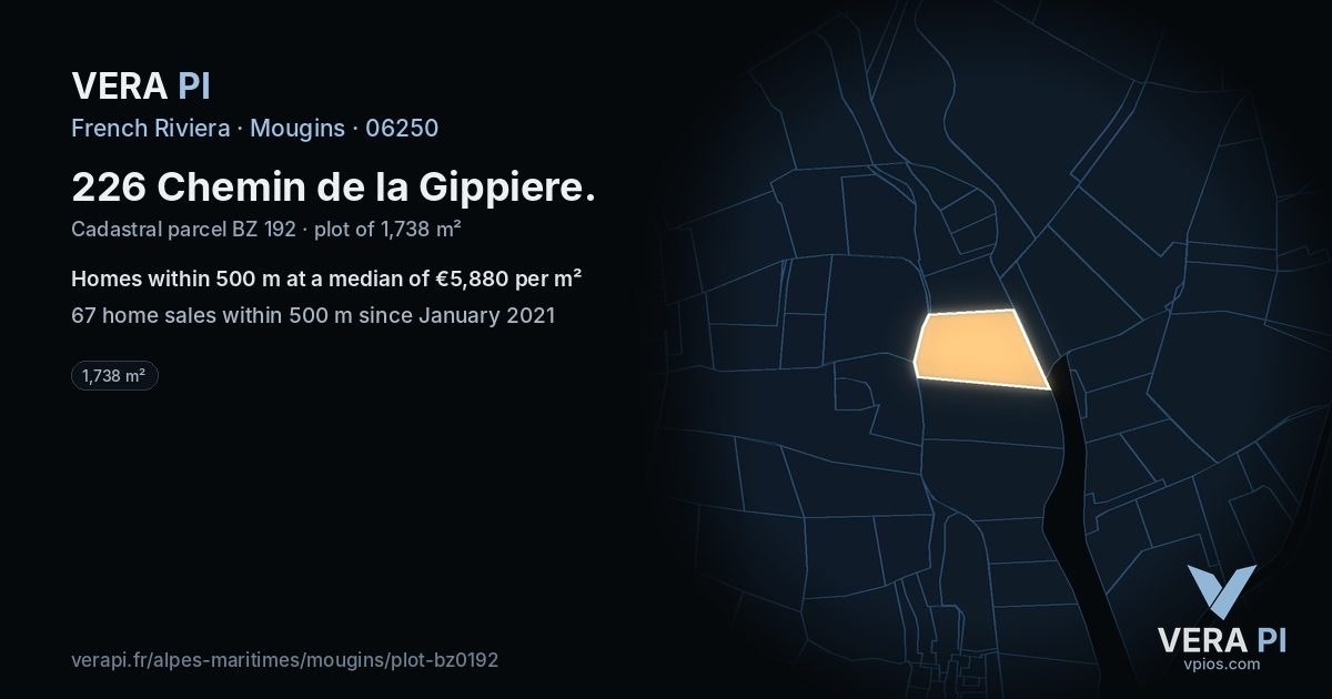 226 Chemin de la Gippiere, Mougins at night – the plot lit, the parcels around coloured by the prices near them