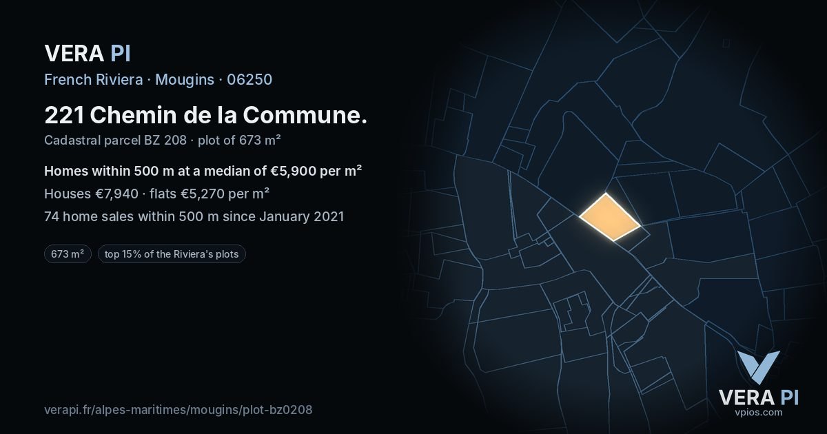 221 Chemin de la Commune, Mougins at night – the plot lit, the parcels around coloured by the prices near them