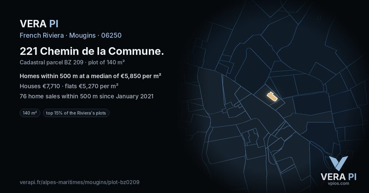 221 Chemin de la Commune, Mougins at night – the plot lit, the parcels around coloured by the prices near them