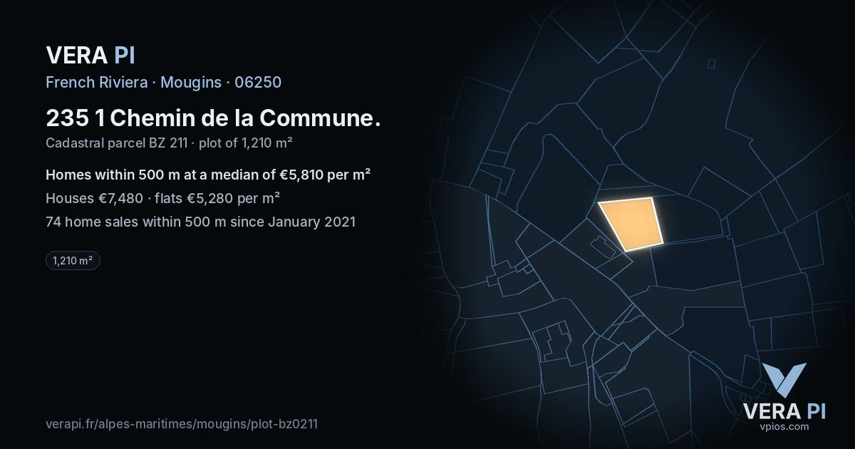 235 1 Chemin de la Commune, Mougins at night – the plot lit, the parcels around coloured by the prices near them