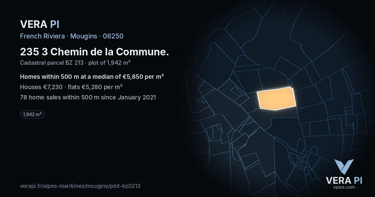 235 3 Chemin de la Commune, Mougins at night – the plot lit, the parcels around coloured by the prices near them