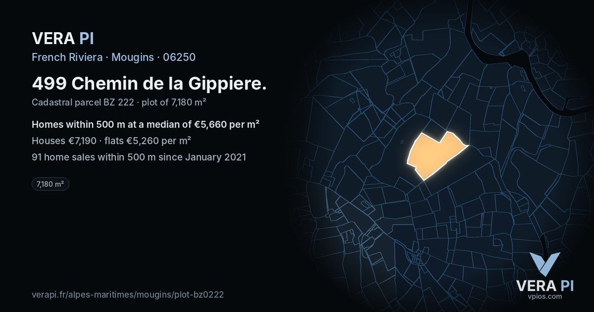 499 Chemin de la Gippiere, Mougins at night – the plot lit, the parcels around coloured by the prices near them