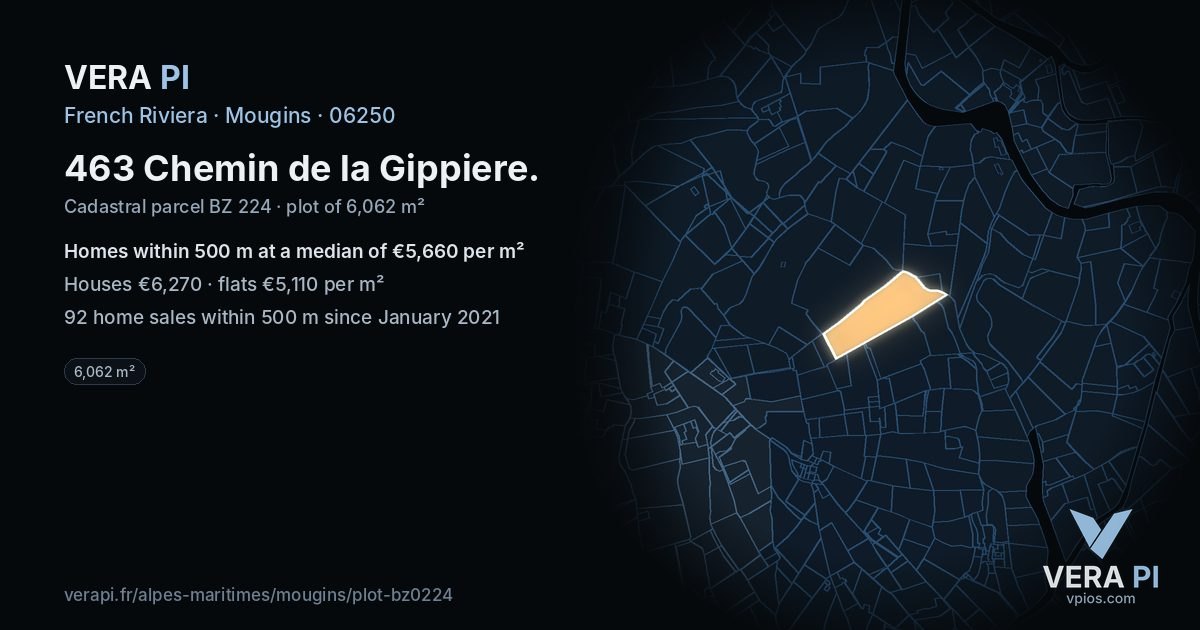 463 Chemin de la Gippiere, Mougins at night – the plot lit, the parcels around coloured by the prices near them