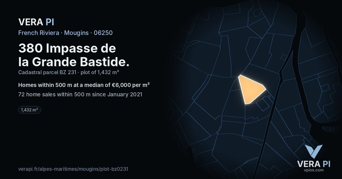 380 Impasse de la Grande Bastide, Mougins at night – the plot lit, the parcels around coloured by the prices near them