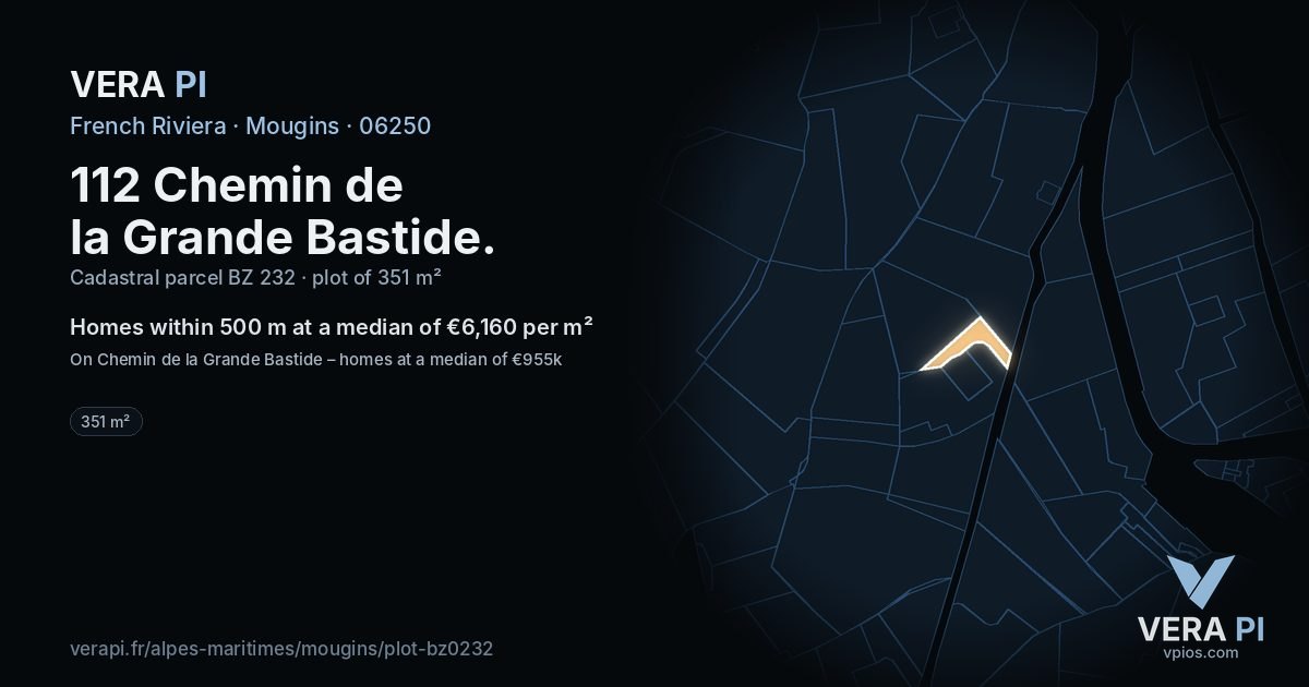 112 Chemin de la Grande Bastide, Mougins at night – the plot lit, the parcels around coloured by the prices near them
