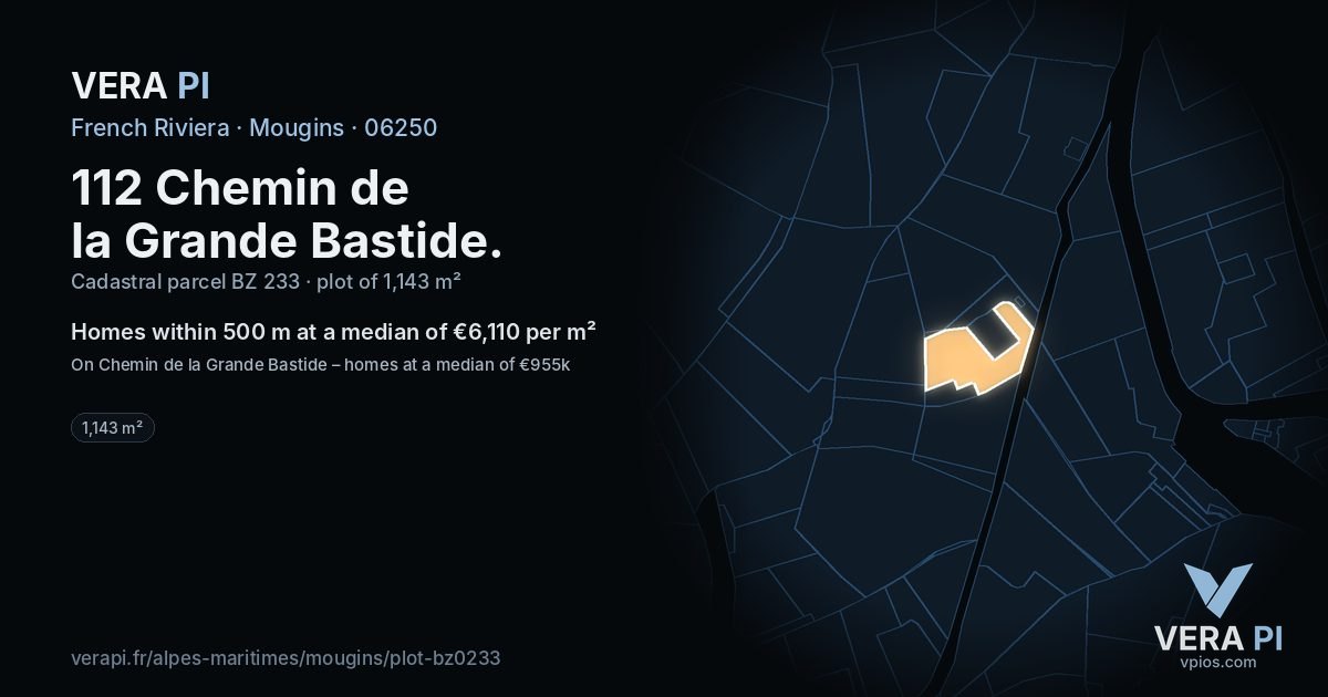112 Chemin de la Grande Bastide, Mougins at night – the plot lit, the parcels around coloured by the prices near them