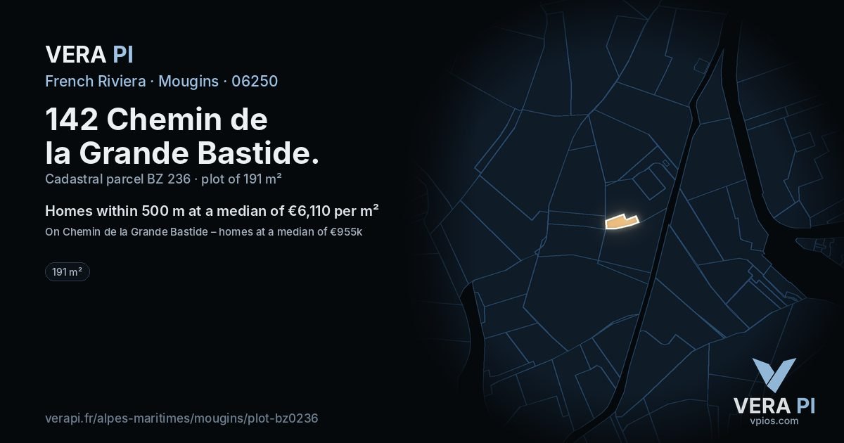 142 Chemin de la Grande Bastide, Mougins at night – the plot lit, the parcels around coloured by the prices near them