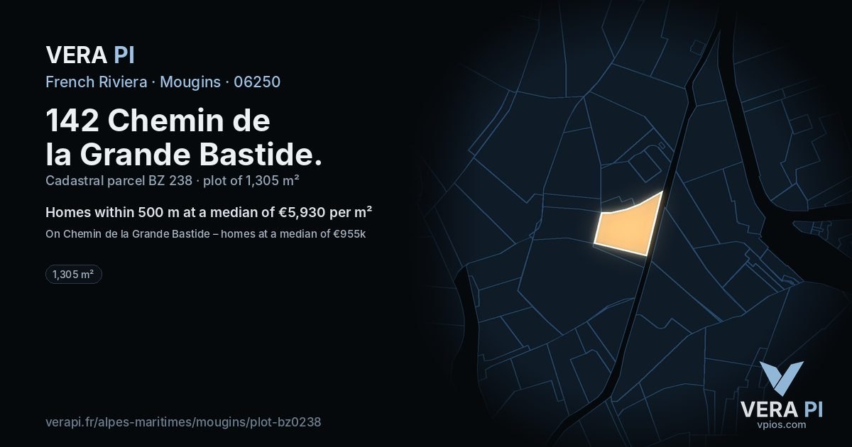 142 Chemin de la Grande Bastide, Mougins at night – the plot lit, the parcels around coloured by the prices near them