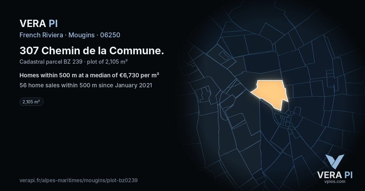 307 Chemin de la Commune, Mougins at night – the plot lit, the parcels around coloured by the prices near them