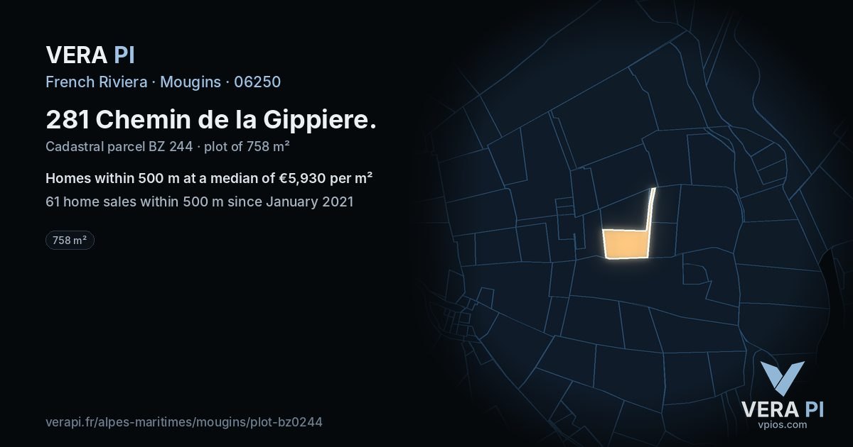 281 Chemin de la Gippiere, Mougins at night – the plot lit, the parcels around coloured by the prices near them
