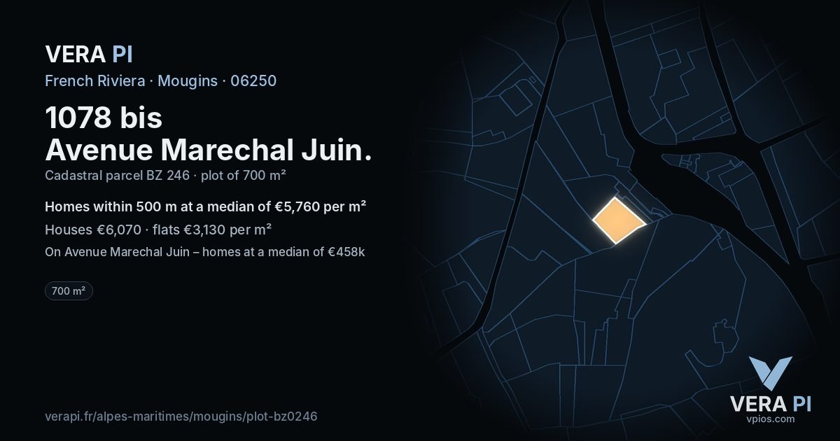 1078 bis Avenue Marechal Juin, Mougins at night – the plot lit, the parcels around coloured by the prices near them