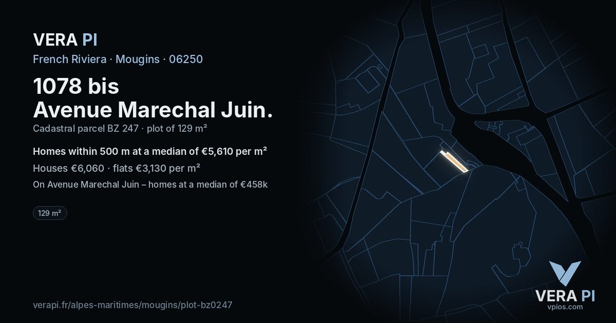 1078 bis Avenue Marechal Juin, Mougins at night – the plot lit, the parcels around coloured by the prices near them