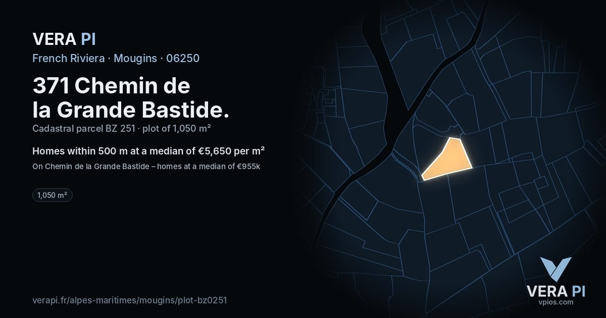 371 Chemin de la Grande Bastide, Mougins at night – the plot lit, the parcels around coloured by the prices near them