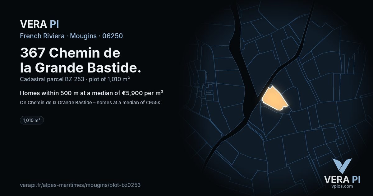 367 Chemin de la Grande Bastide, Mougins at night – the plot lit, the parcels around coloured by the prices near them
