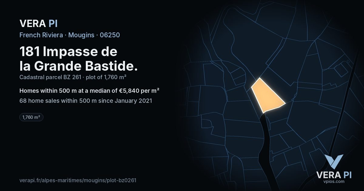 181 Impasse de la Grande Bastide, Mougins at night – the plot lit, the parcels around coloured by the prices near them