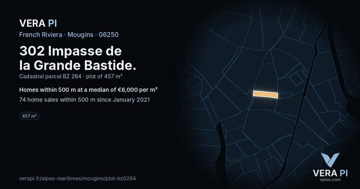 302 Impasse de la Grande Bastide, Mougins at night – the plot lit, the parcels around coloured by the prices near them