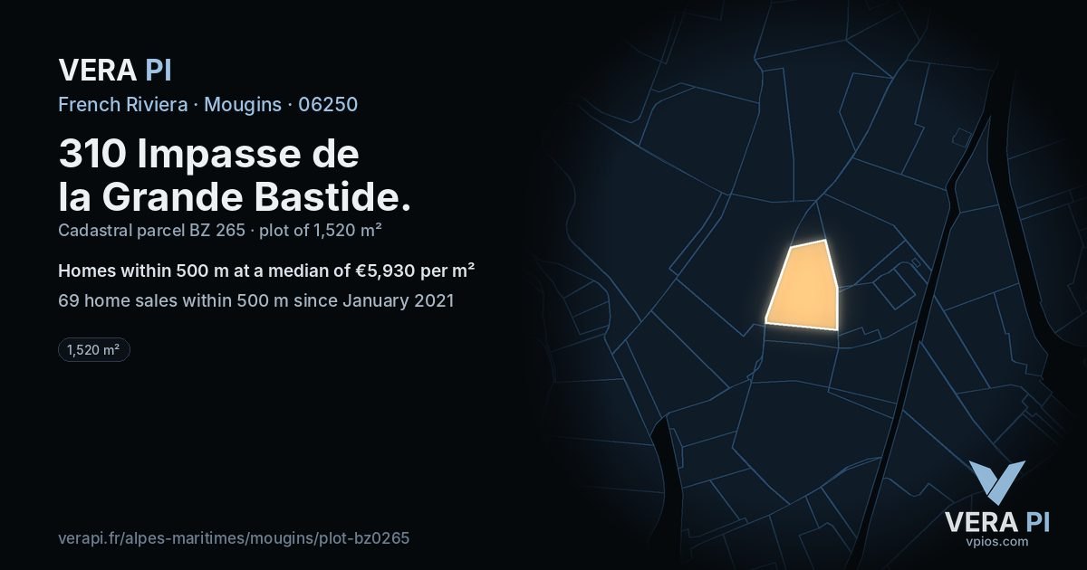 310 Impasse de la Grande Bastide, Mougins at night – the plot lit, the parcels around coloured by the prices near them