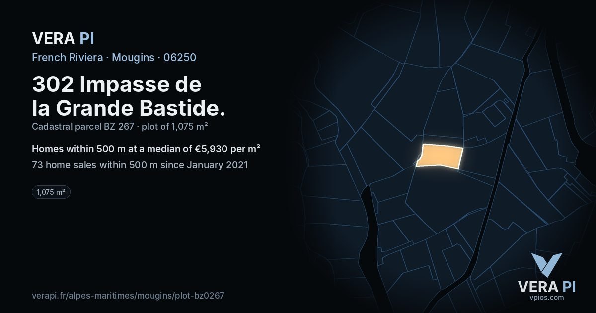302 Impasse de la Grande Bastide, Mougins at night – the plot lit, the parcels around coloured by the prices near them