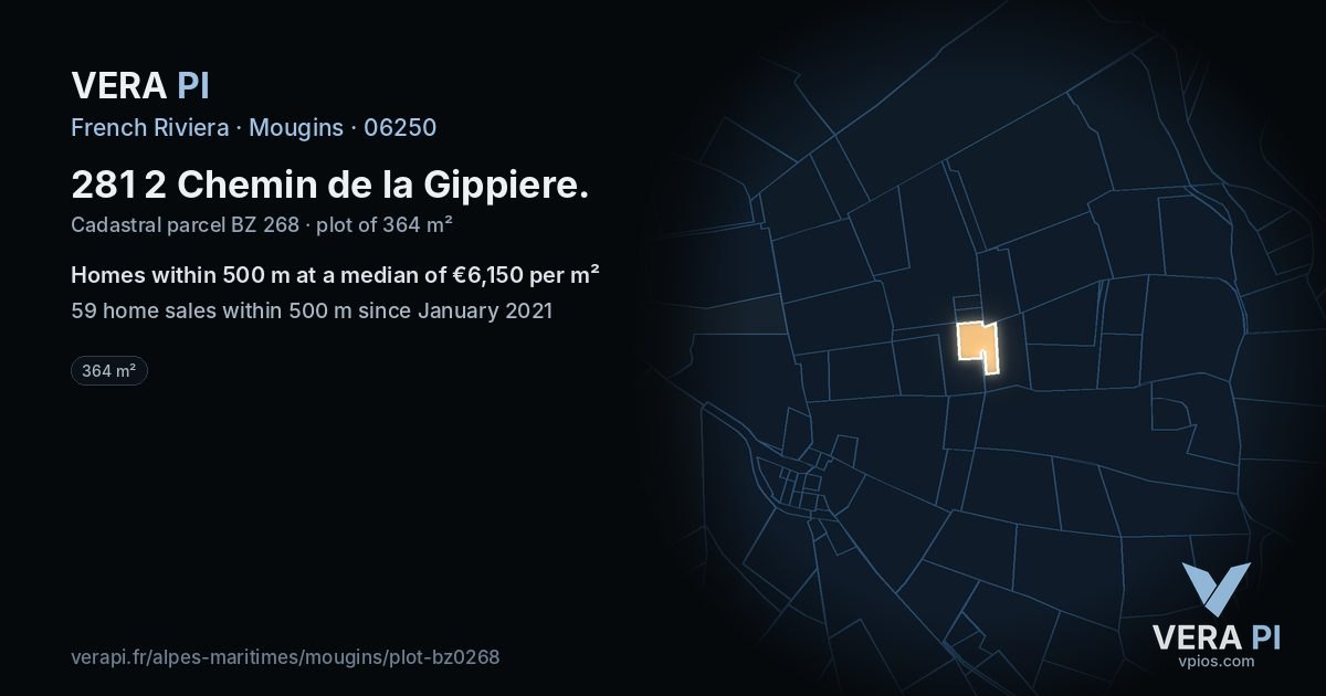 281 2 Chemin de la Gippiere, Mougins at night – the plot lit, the parcels around coloured by the prices near them