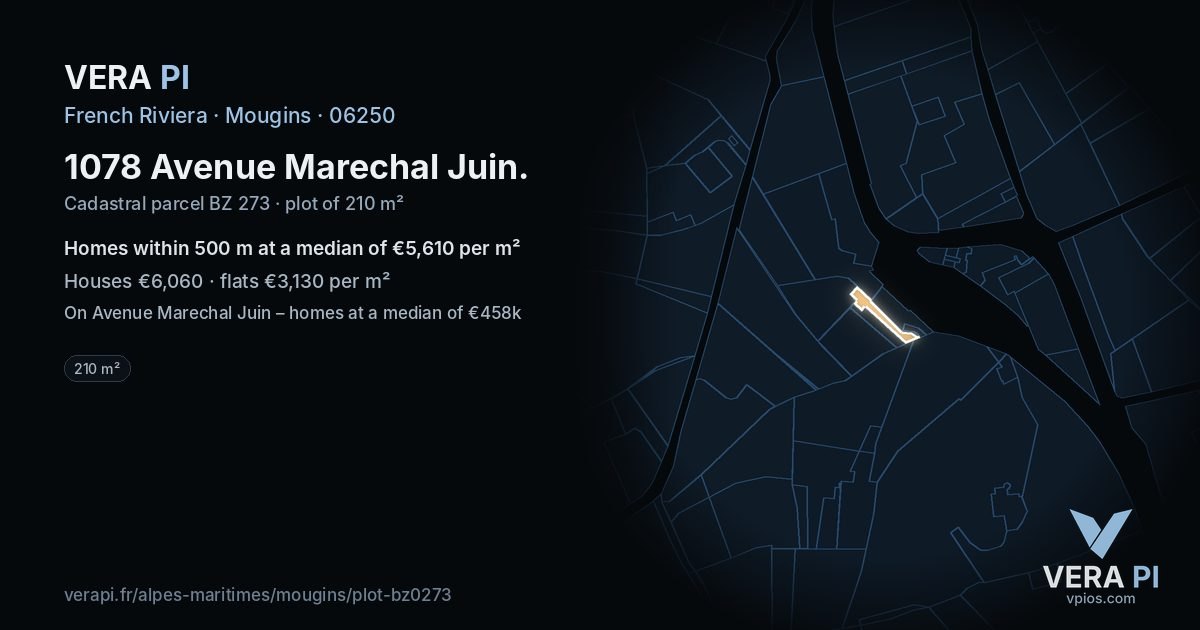 1078 Avenue Marechal Juin, Mougins at night – the plot lit, the parcels around coloured by the prices near them