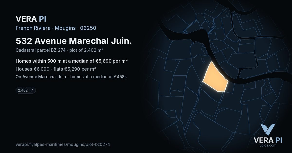532 Avenue Marechal Juin, Mougins at night – the plot lit, the parcels around coloured by the prices near them
