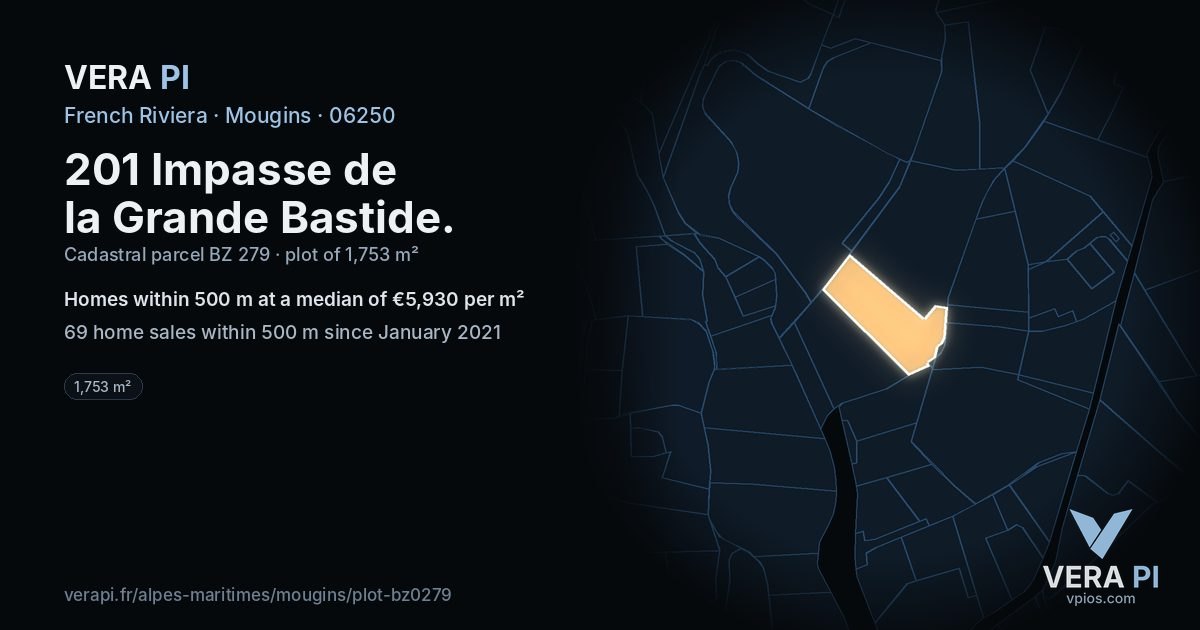 201 Impasse de la Grande Bastide, Mougins at night – the plot lit, the parcels around coloured by the prices near them