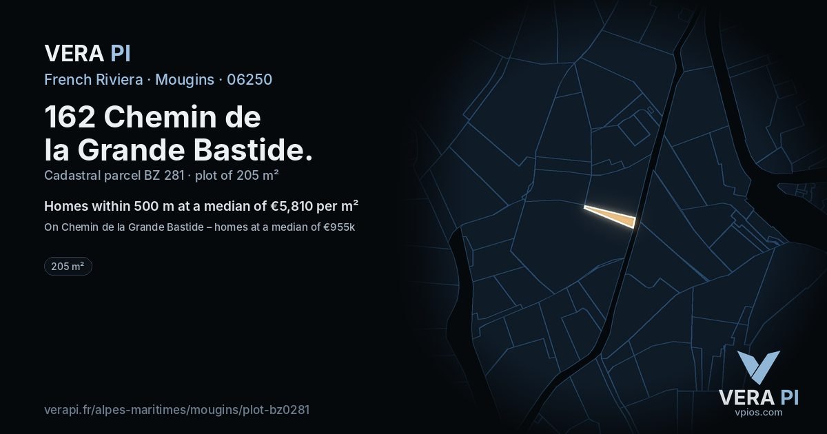 162 Chemin de la Grande Bastide, Mougins at night – the plot lit, the parcels around coloured by the prices near them