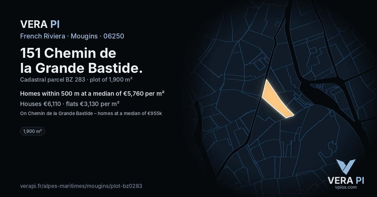 151 Chemin de la Grande Bastide, Mougins at night – the plot lit, the parcels around coloured by the prices near them