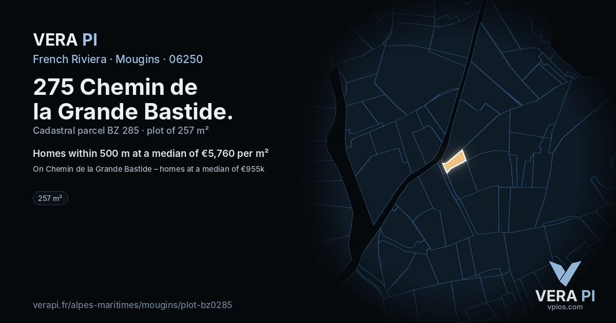275 Chemin de la Grande Bastide, Mougins at night – the plot lit, the parcels around coloured by the prices near them