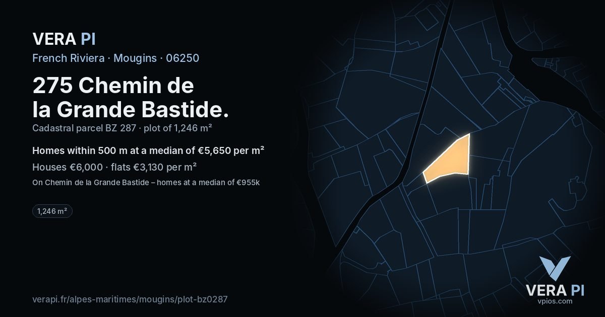 275 Chemin de la Grande Bastide, Mougins at night – the plot lit, the parcels around coloured by the prices near them