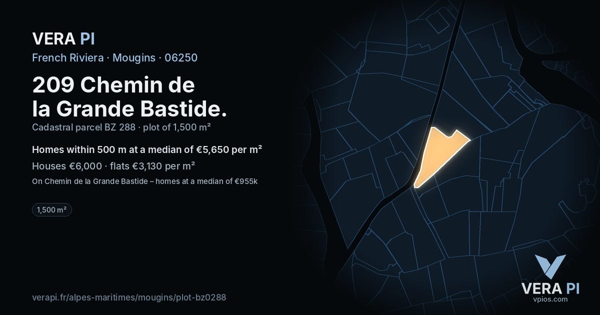 209 Chemin de la Grande Bastide, Mougins at night – the plot lit, the parcels around coloured by the prices near them
