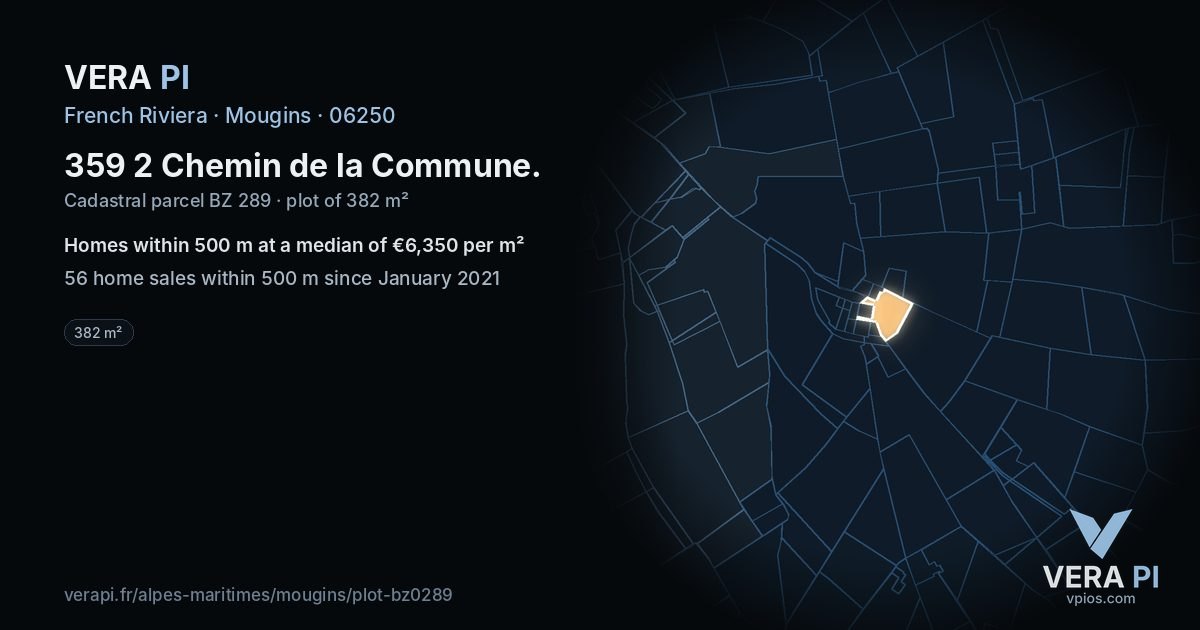 359 2 Chemin de la Commune, Mougins at night – the plot lit, the parcels around coloured by the prices near them