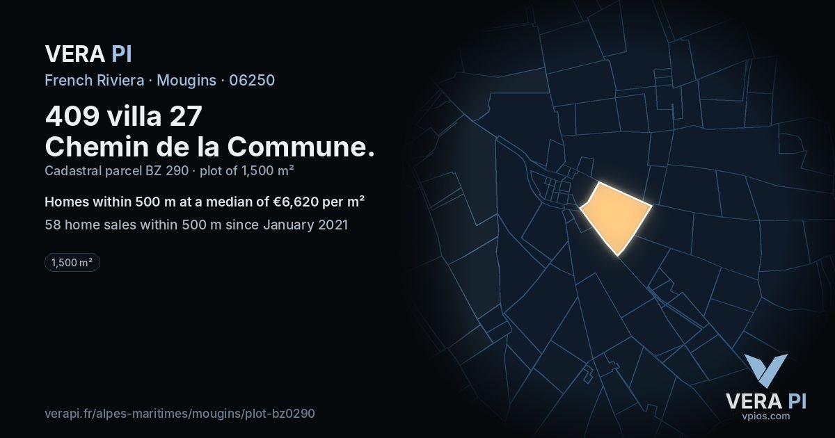 409 villa 27 Chemin de la Commune, Mougins at night – the plot lit, the parcels around coloured by the prices near them