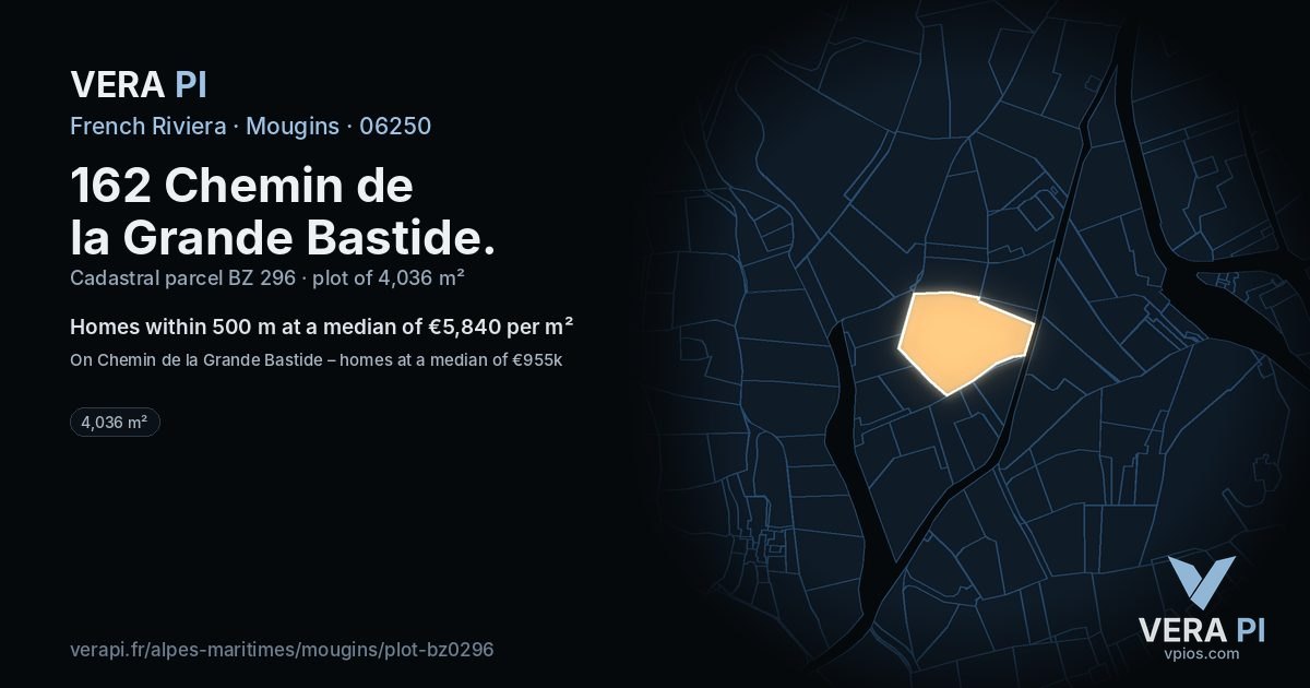 162 Chemin de la Grande Bastide, Mougins at night – the plot lit, the parcels around coloured by the prices near them