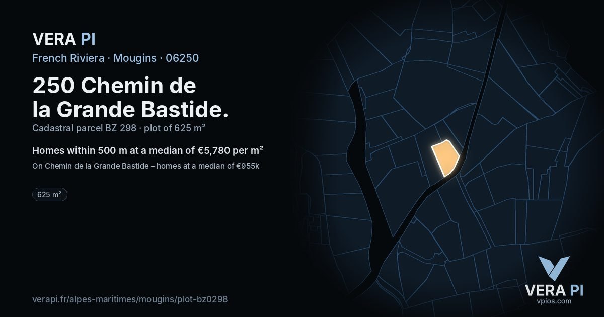 250 Chemin de la Grande Bastide, Mougins at night – the plot lit, the parcels around coloured by the prices near them