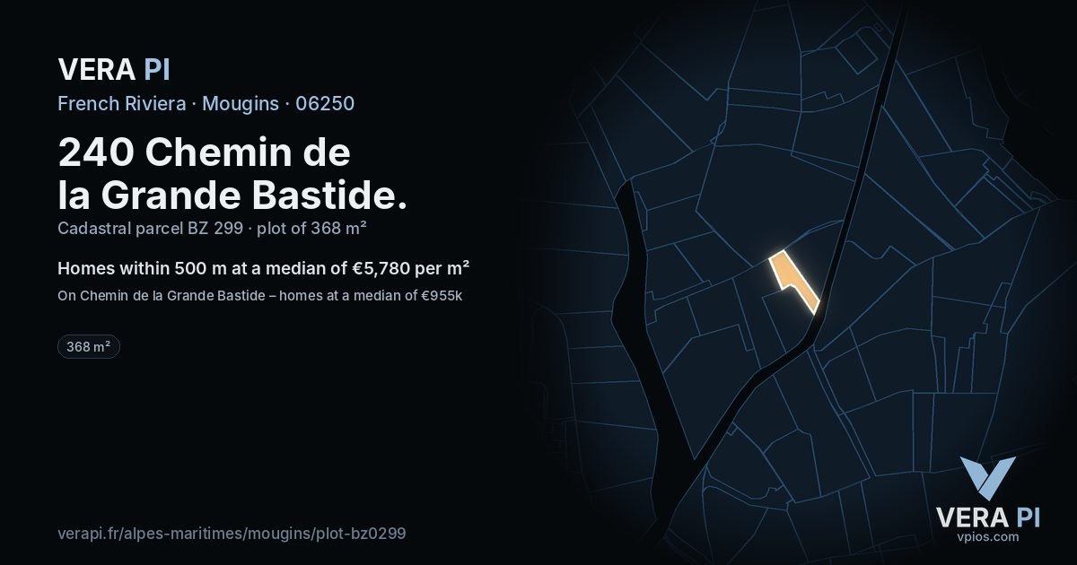 240 Chemin de la Grande Bastide, Mougins at night – the plot lit, the parcels around coloured by the prices near them