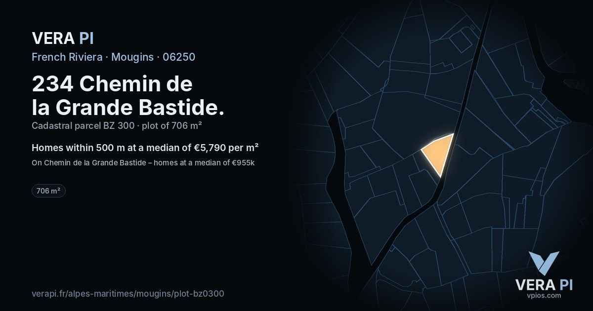 234 Chemin de la Grande Bastide, Mougins at night – the plot lit, the parcels around coloured by the prices near them