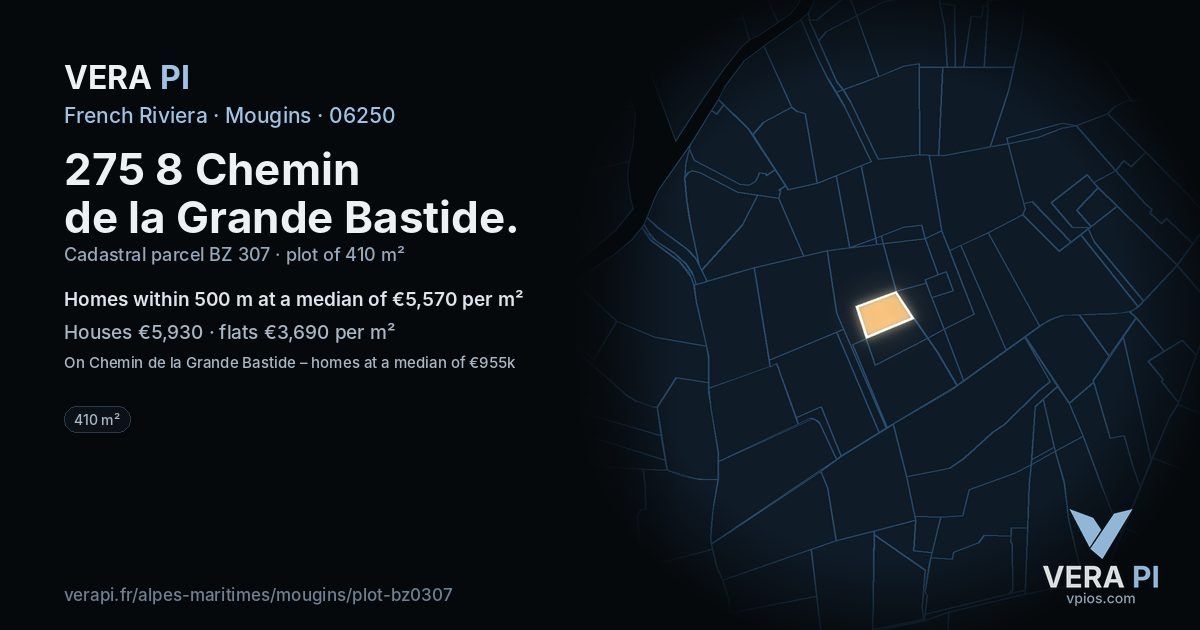 275 8 Chemin de la Grande Bastide, Mougins at night – the plot lit, the parcels around coloured by the prices near them