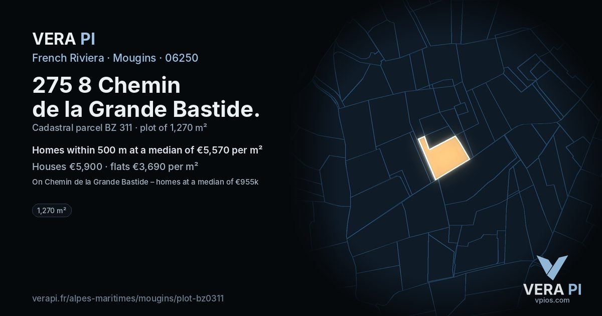 275 8 Chemin de la Grande Bastide, Mougins at night – the plot lit, the parcels around coloured by the prices near them