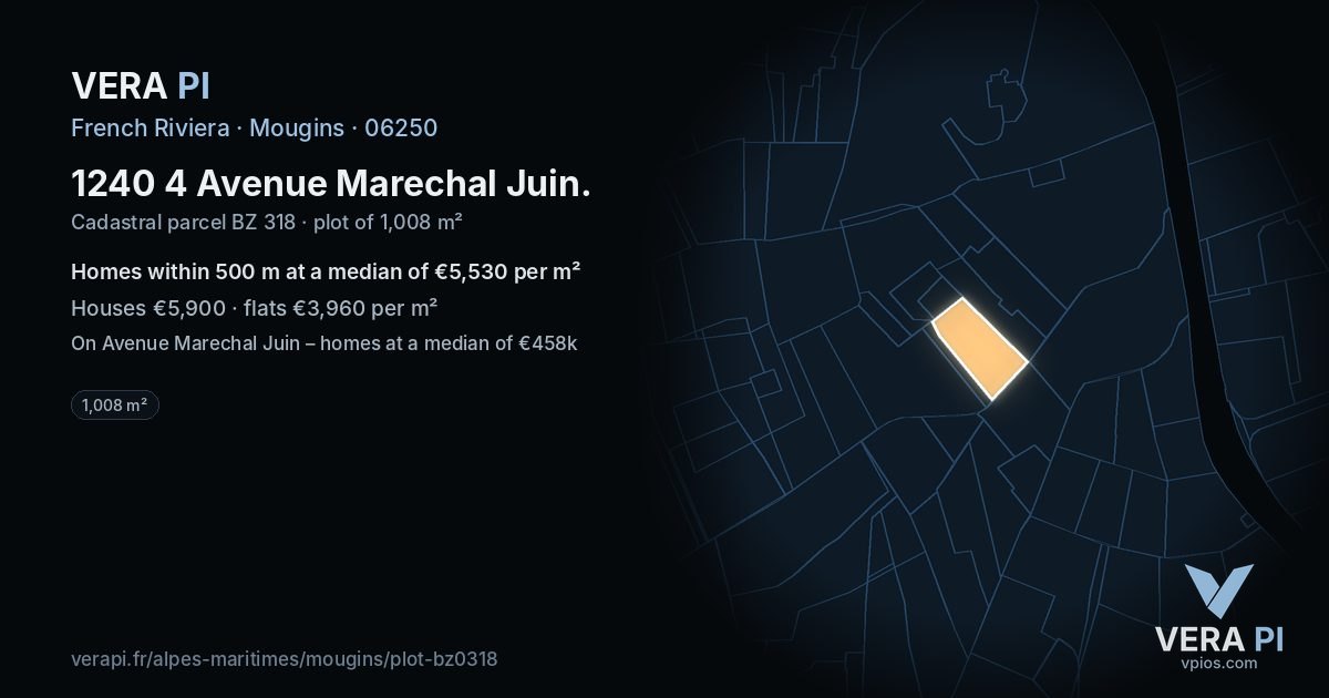 1240 4 Avenue Marechal Juin, Mougins at night – the plot lit, the parcels around coloured by the prices near them