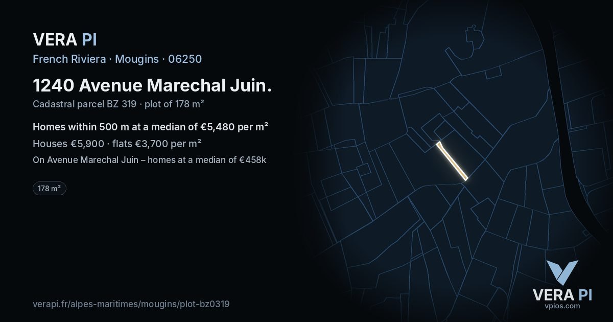 1240 Avenue Marechal Juin, Mougins at night – the plot lit, the parcels around coloured by the prices near them