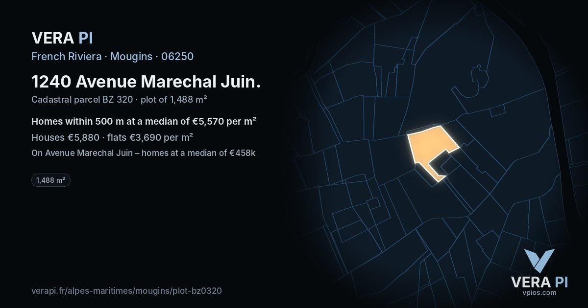 1240 Avenue Marechal Juin, Mougins at night – the plot lit, the parcels around coloured by the prices near them